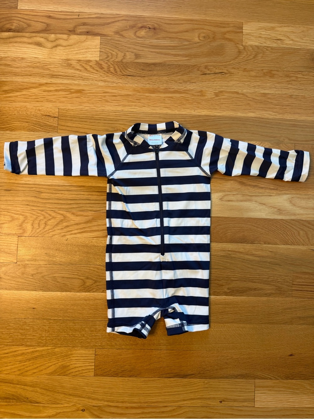 Hanna Andersson Navy and White Striped Long-Sleeve One-Piece Swimsuit